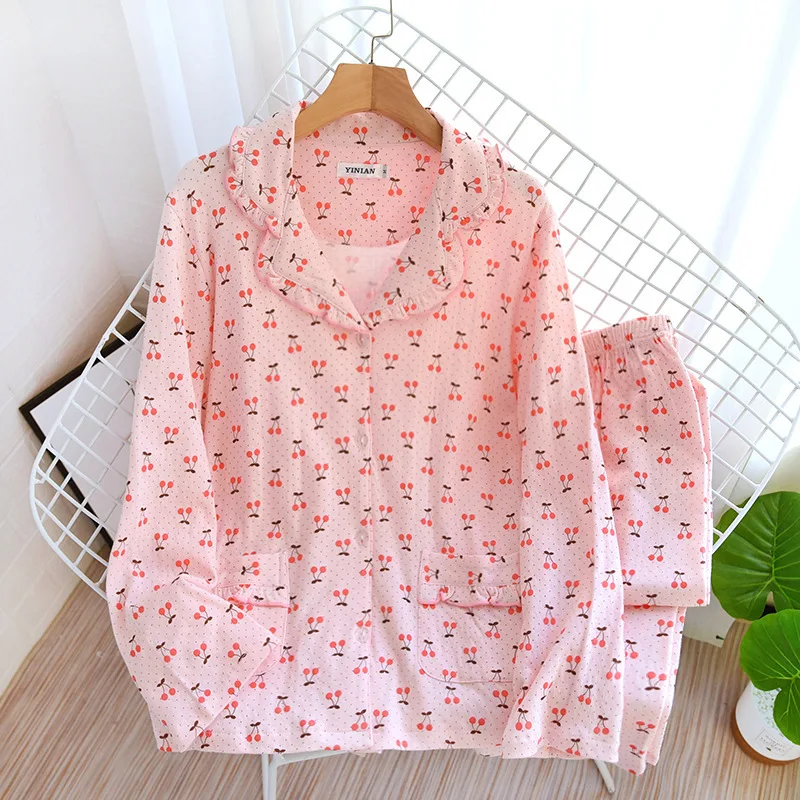 Knitted Cotton Pajamas Suit Women Double-layer Lace Lapel Four Seasons Thin Long-sleeved Trousers Cherry Two Piece Set Nightwear