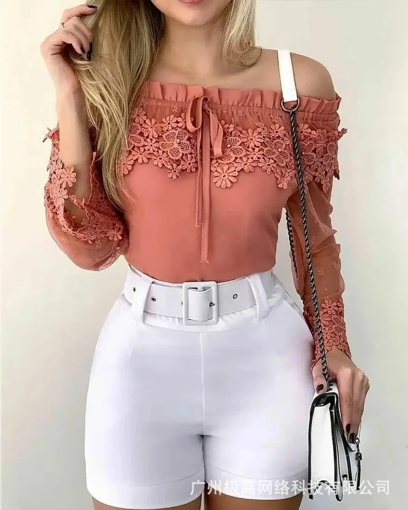 

Women Shirt Sexy Lace Mesh Shoulder Stitching Solid Color Long Sleeve Slim Temperament Pullover Bottoming Spring Autumn T-shirt