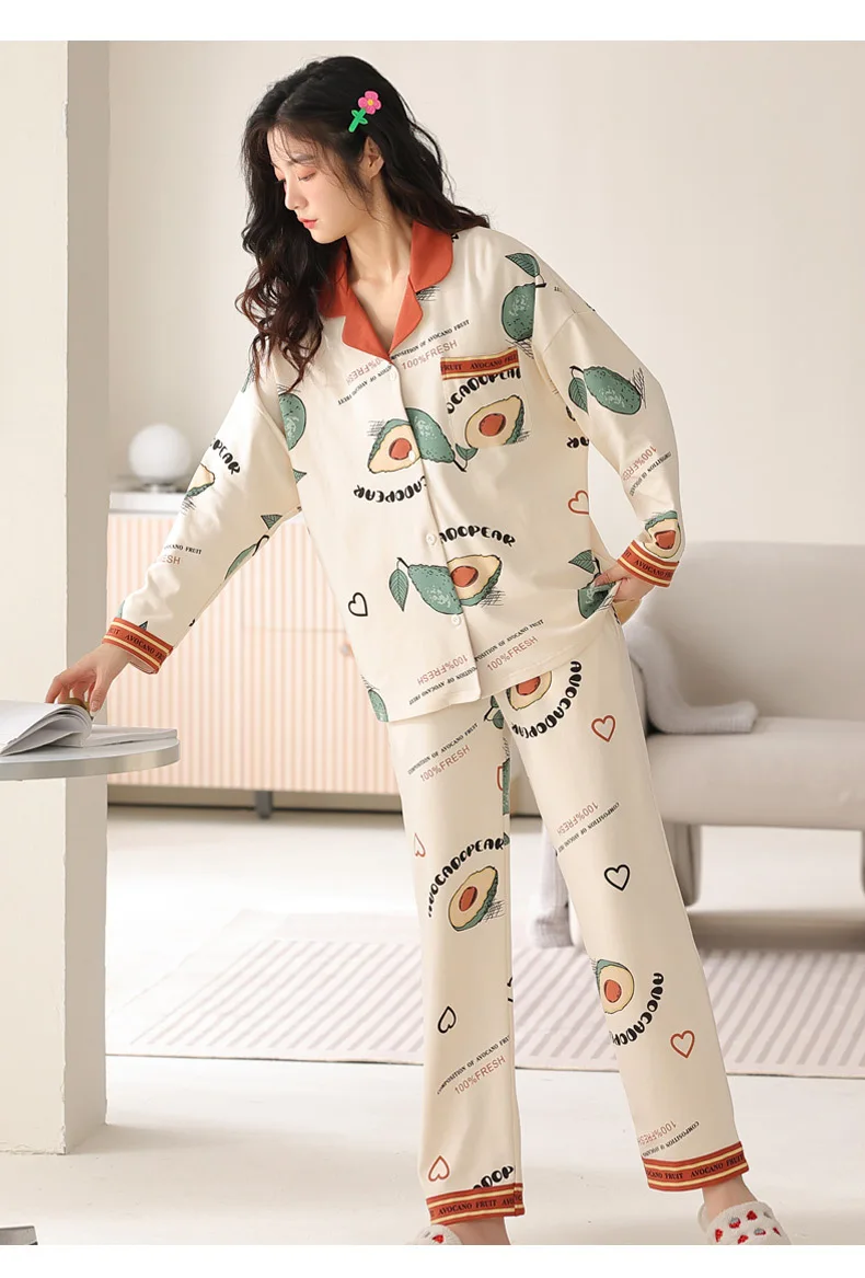 Yasuk Spring Autumn Fashion Women Casual Soft Print Sleepwear Homewear Pajamas With Pants Sweet Fruits Avocados Simple Cotton