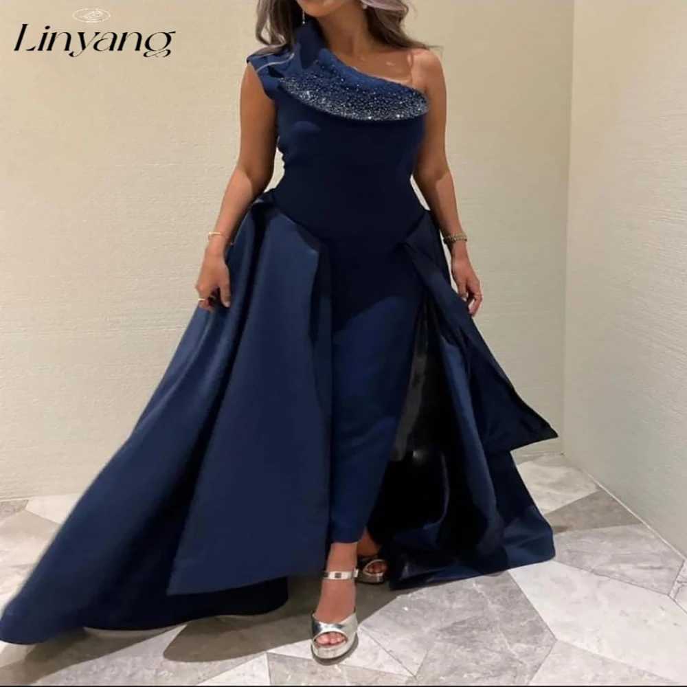 

Linyang Navy Blue Satin Single Shoulder Sleeveless Waisted Formal Evening Prom Bridesmaid Party Sequinned Dress for Women 2023