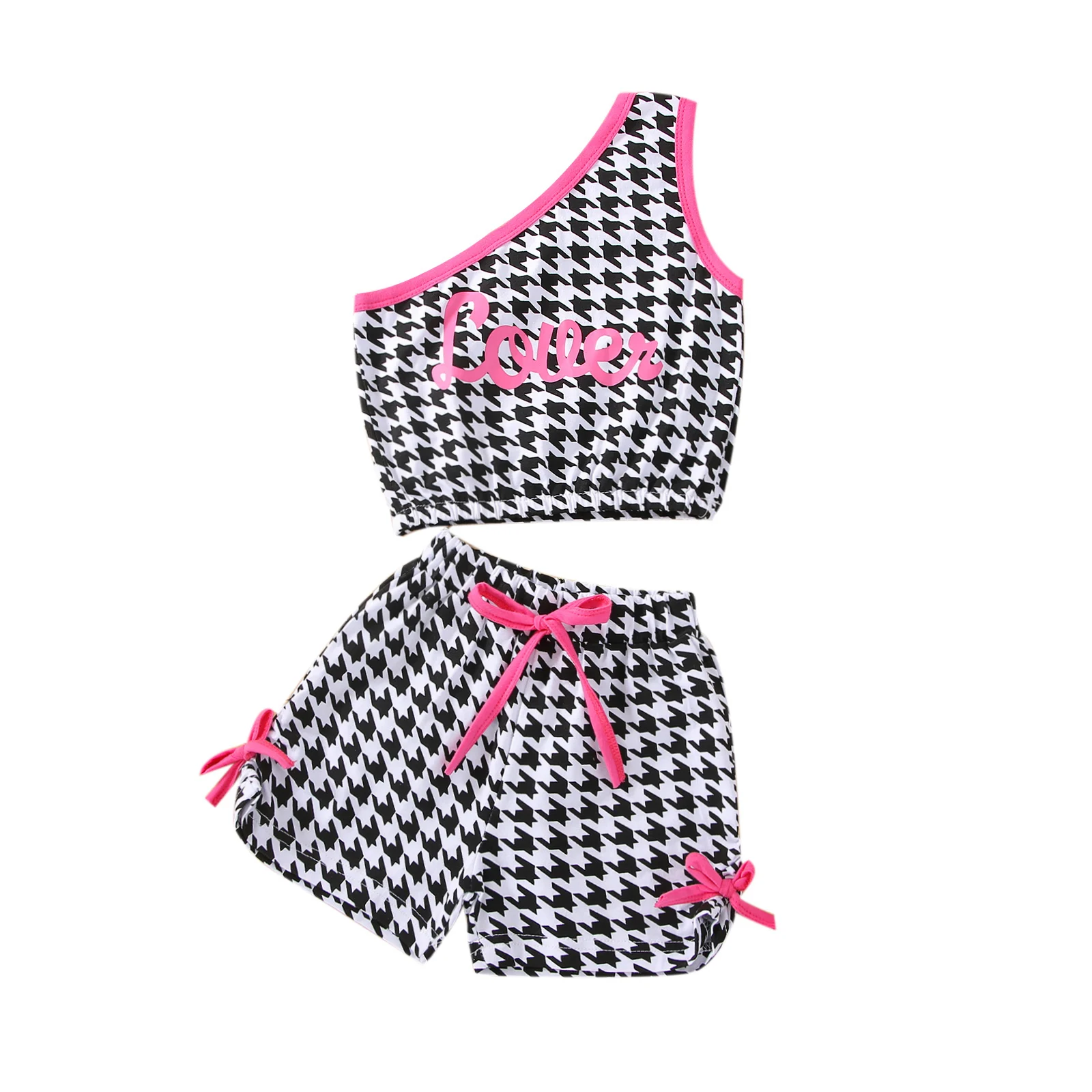 

2 Pieces Kids Suit Set, Letter Houndstooth Print One Shoulder Camisole+ Bowknot Shorts for Summer 6 Months-4 Years