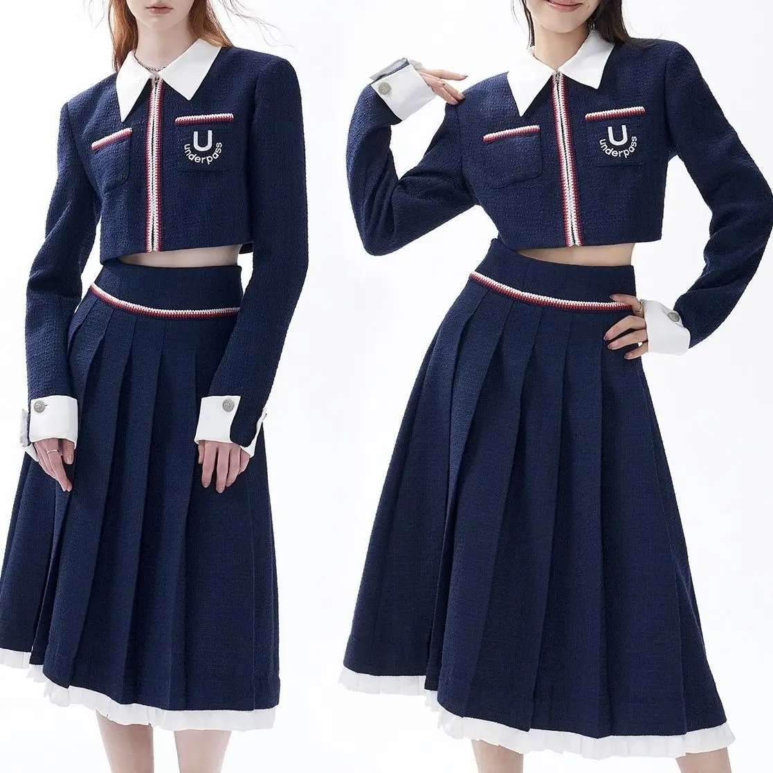 

College Pleated Long Skirt Set Long Sleeved Top Coat Medium Long Skirt Two-Piece Set Korea Japan