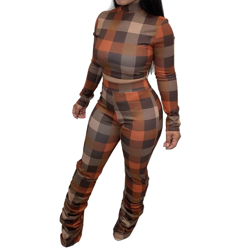 

Women's Two Piece Pants sets Plaid print pleated trendy casual suit