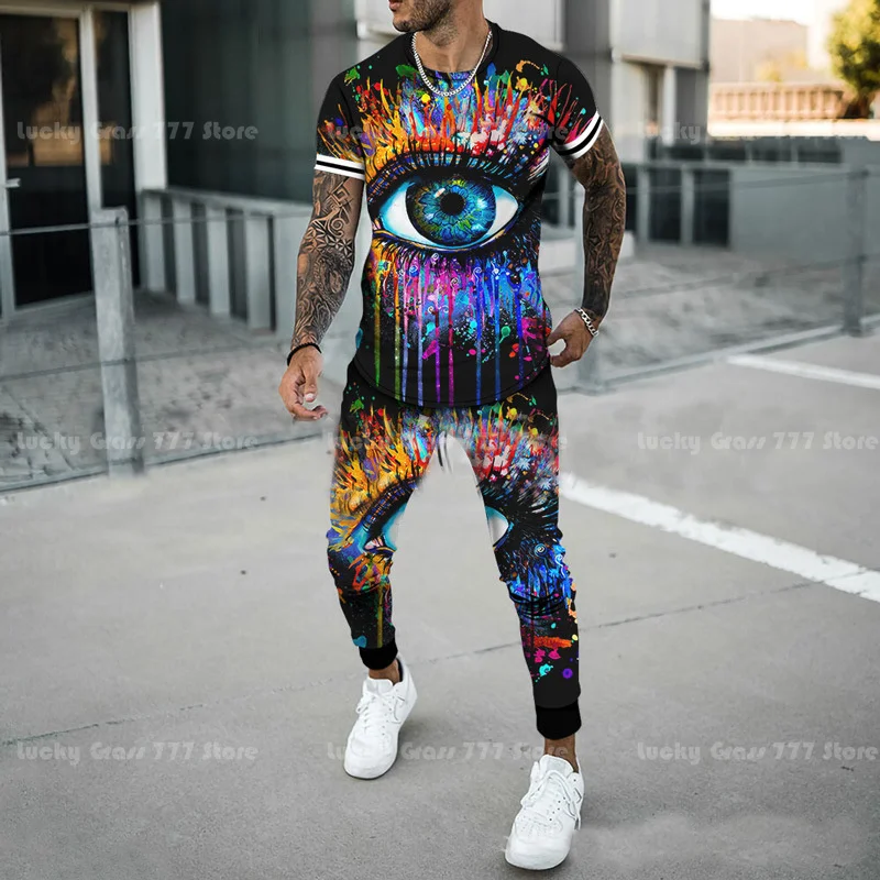 Summer New Men's T-Shirt Sets Sport Pants 2 Piece Suit 3D Terrible Eyes Print Man Clothing Streetwear Fashion Tracksuit Trousers