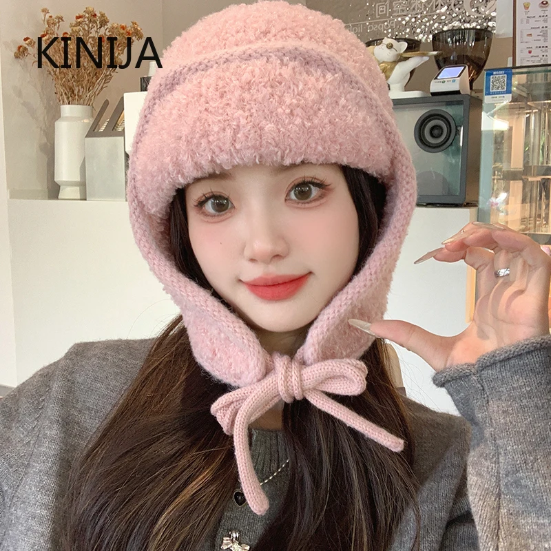 Женская Зимняя Термошапка-бини Вязаная Одноцветная Теплая Защитная Шапка С