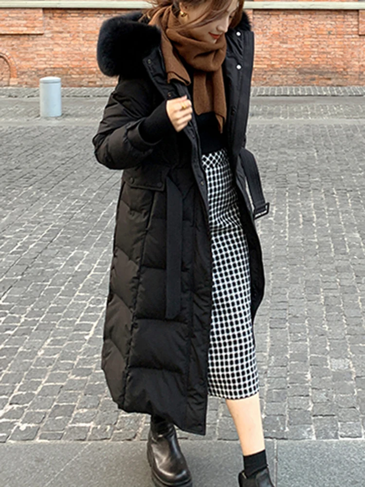 2023 Winter Long Straight Down Jackets Coats Women Parka Fake Fur Collar Hooded Thick Coat Warm Female Outwear Down Jacket