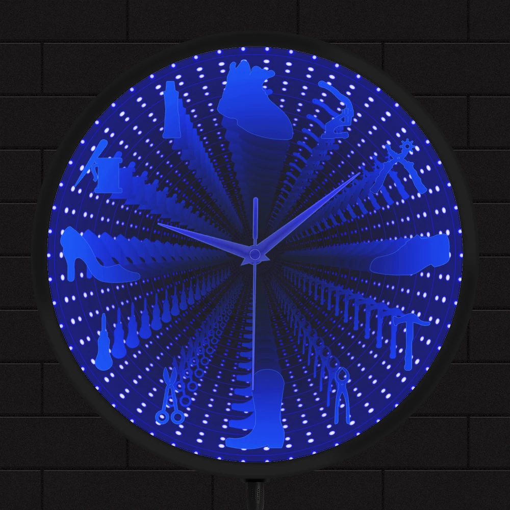 

Shoe Repair LED Infinity Mirror Wall Clock Cobbler Shoe Store Decor Vortex Lamp Optical Illusion Watch Archer Shoemaker Gift