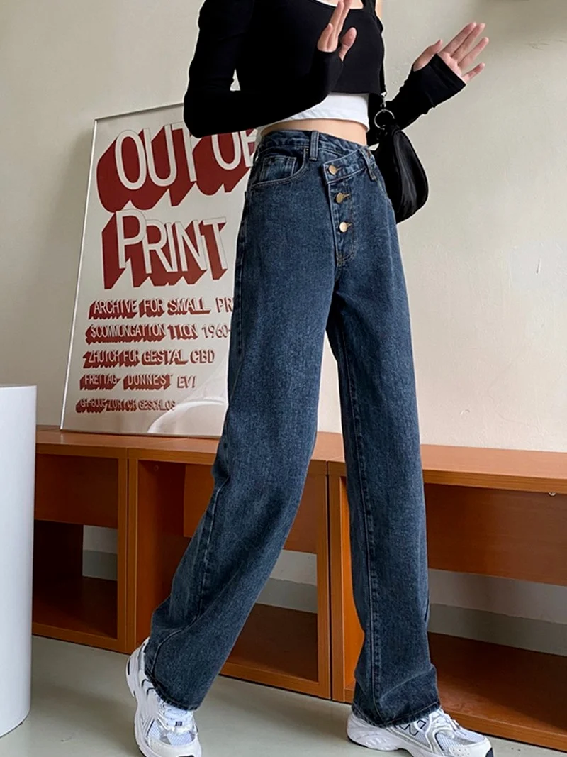 Women Casual Plus Size Wide Leg Denim Pants 2021 High Waist Boyfriend Style Jeans Loose Straight Mom Chic Korean Blue Trousers
