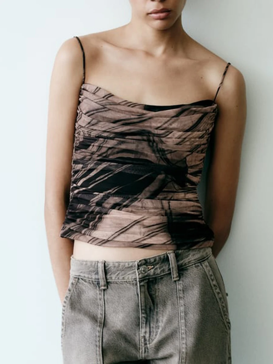 

Укороченный топ из тюля с рюшами и принтом для женщин 2023 топ на тонких бретелях с боковой молнией женская сексуальная майка уличная одежда модные майки 2023