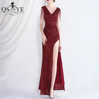 burgundy sequin evening dresses sexy open split prom gown beading straps cap sleeves v neck backless women red formal dress