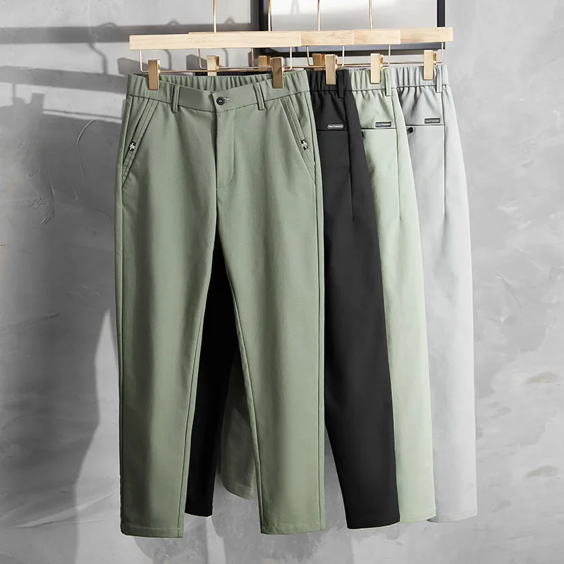

ICE Silk Thin Summer Pants Mens Stretch Kore Men Fashion Clothing Casual Slim Fit Elastic Waist Business Black Trousers For Male