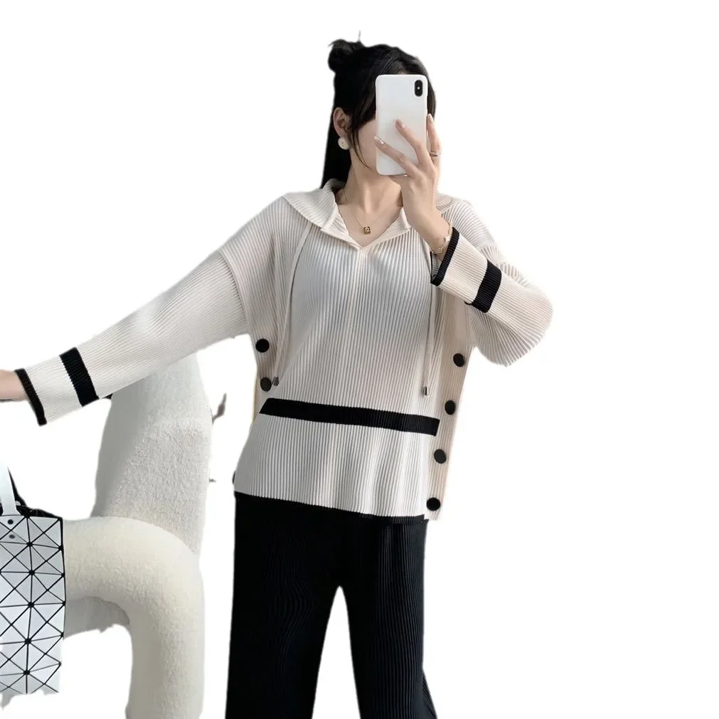 Плиссированный свитер со складками толстовка повседневный Цветной полосатый с