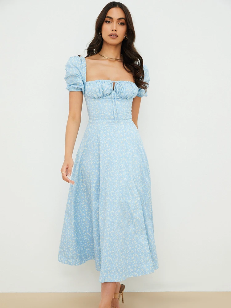 

Женское асимметричное платье с коротким рукавом, длинная юбка с высокой вилкой и завышенной талией, с цветочным принтом, лето 2023