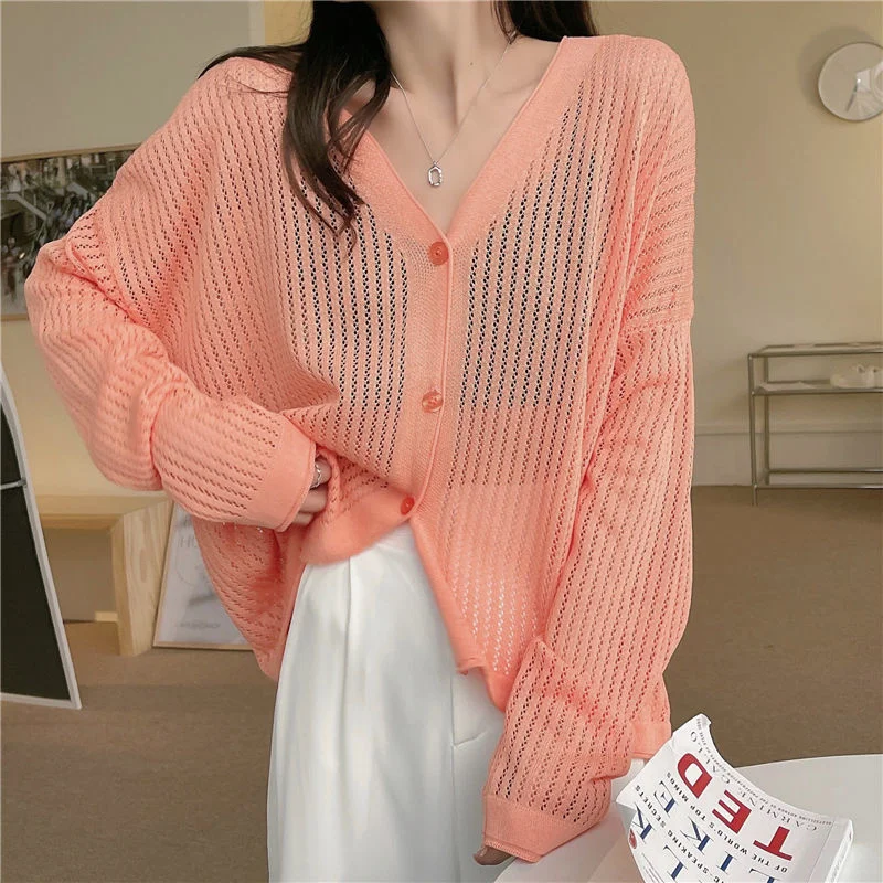 

Women's Autumn 2021 New V-neck Hollow Long Sleeve Cardigan Sweater Version Loose Lazy Style Single Breasted Thin Short Coat