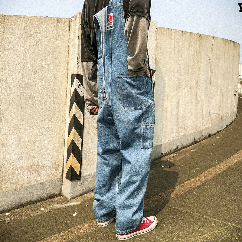 Strap Jeans Loose Wide-leg Pants Men American Straight Casual Daddy Suspenders Overalls Cargo Workwear Denim Jumpsuit
