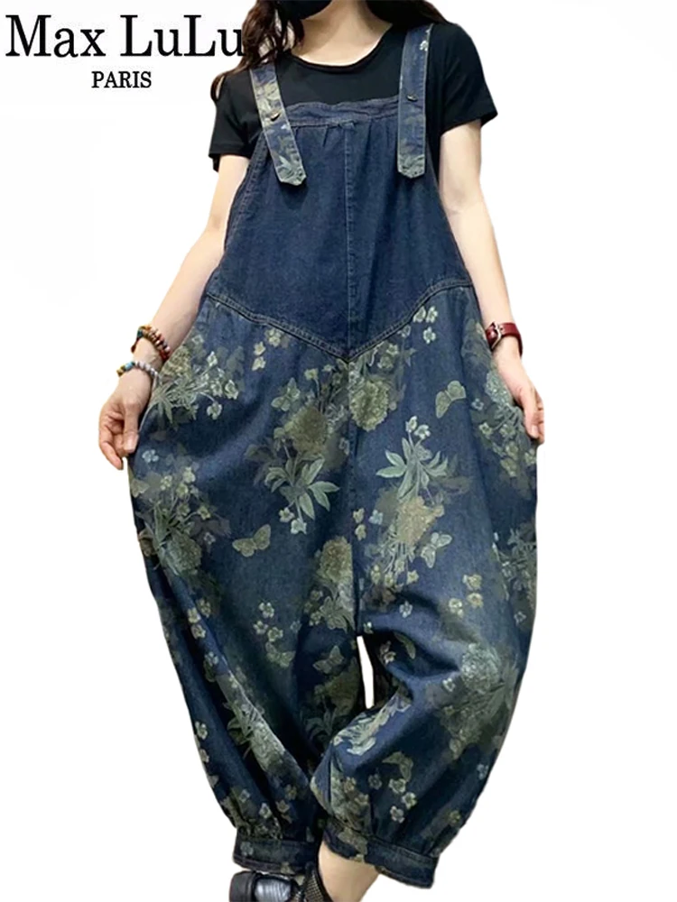 

Max LuLu Summer 2022 Korean Design Fashion Overalls Womens Printed Denim Trousers Ladies Vintage Causal Jeans Button Pantalons