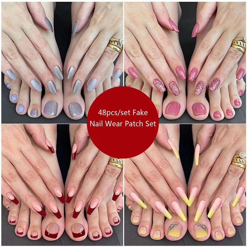 

Набор накладных ногтей для ногтей, наклейки на Ногти с французским покрытием, полное покрытие, Накладные Ногти, 48 шт.