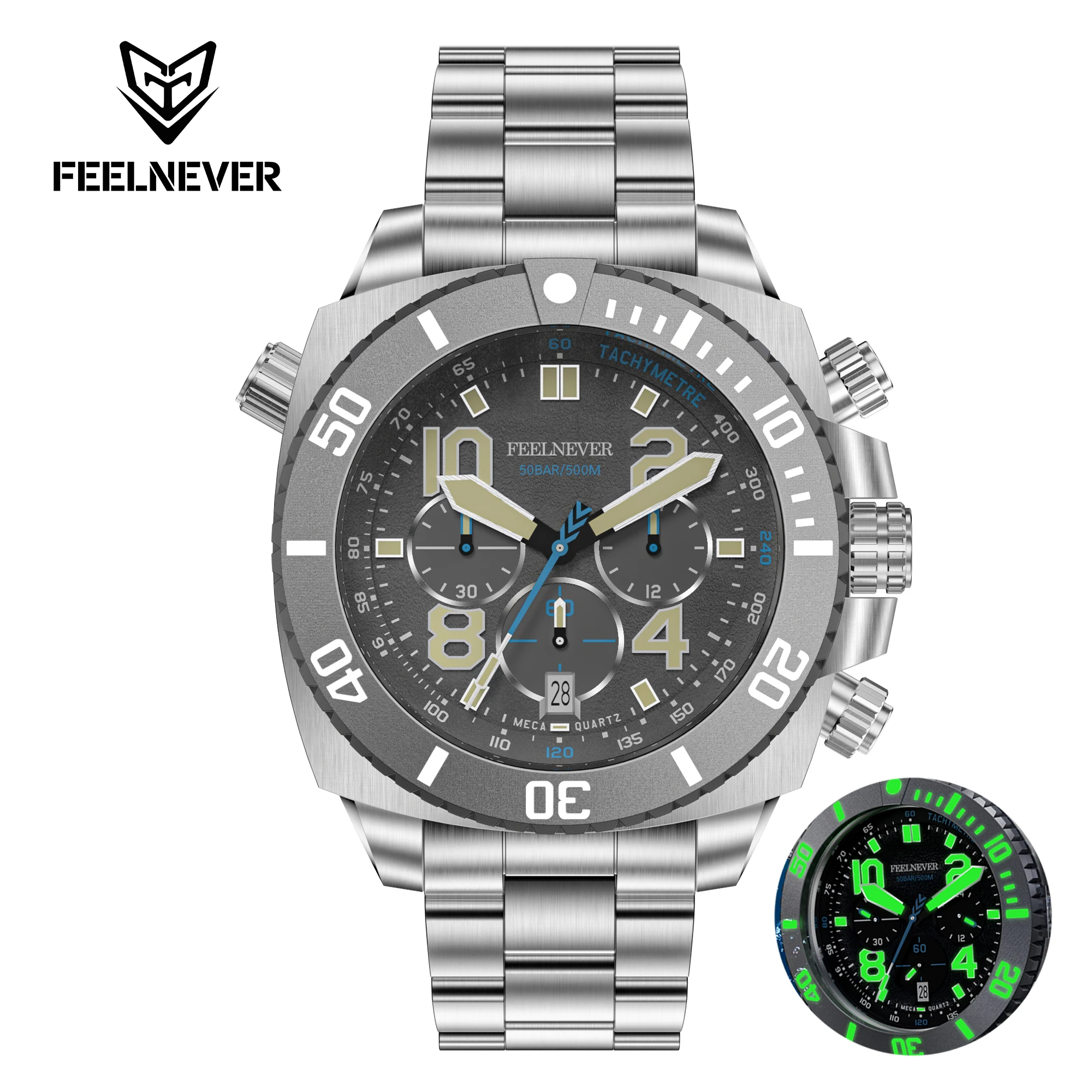 

FeelNever Sport Dive Chronograph Quartz Watch For Men Sapphire Stainless Steel Big Dial 500M Waterproof Auto Clock Reloj Hombre