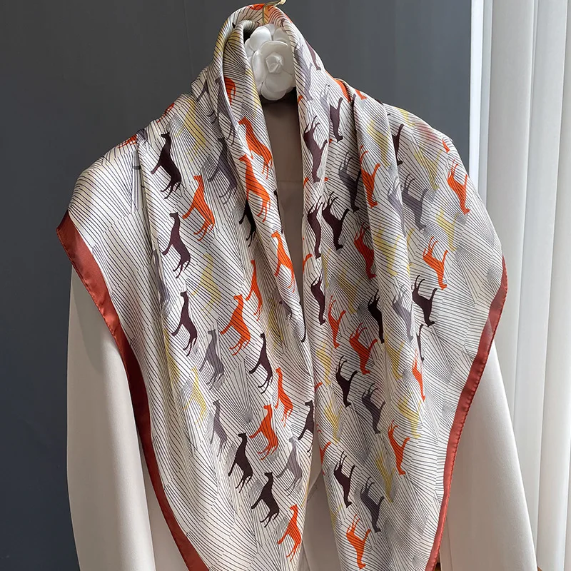 

2022 Spring and Autumn Retro New Fashion Temperament 90*90cm Large Square Muffler Ladies Silk Scarf Oversized Luxury Scarf Shawl