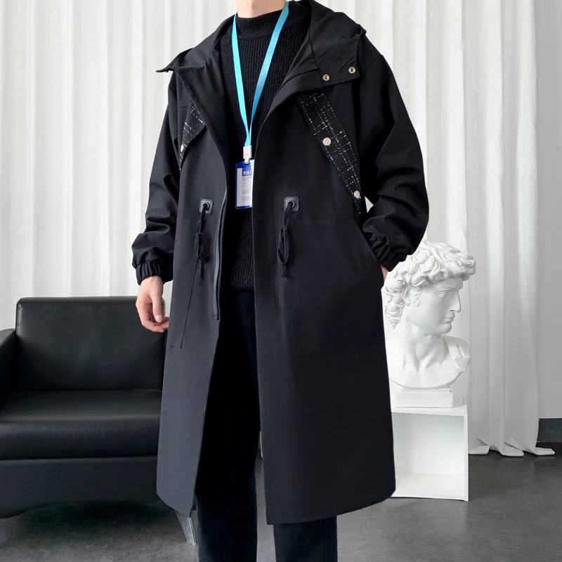 Тренчкот мужской длинный повседневный модная ветровка с капюшоном в стиле
