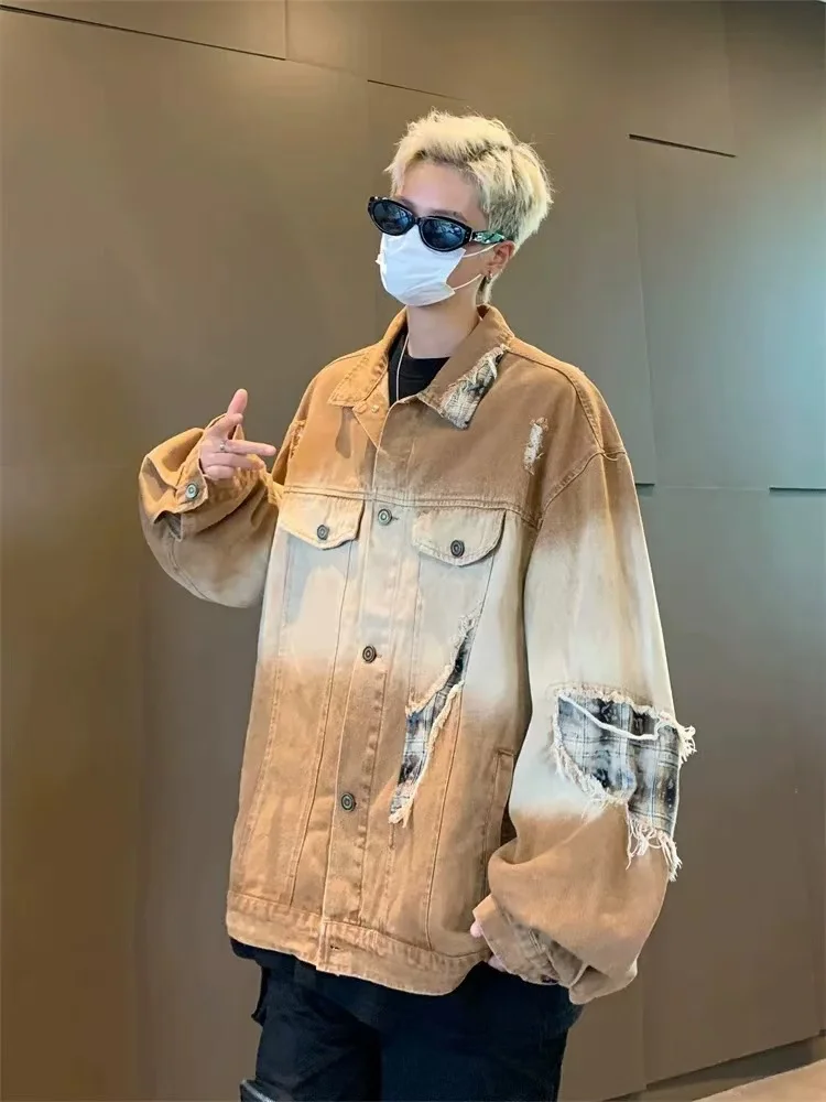 Американское винтажное джинсовое пальто с градиентом цвета в стиле пэчворк и