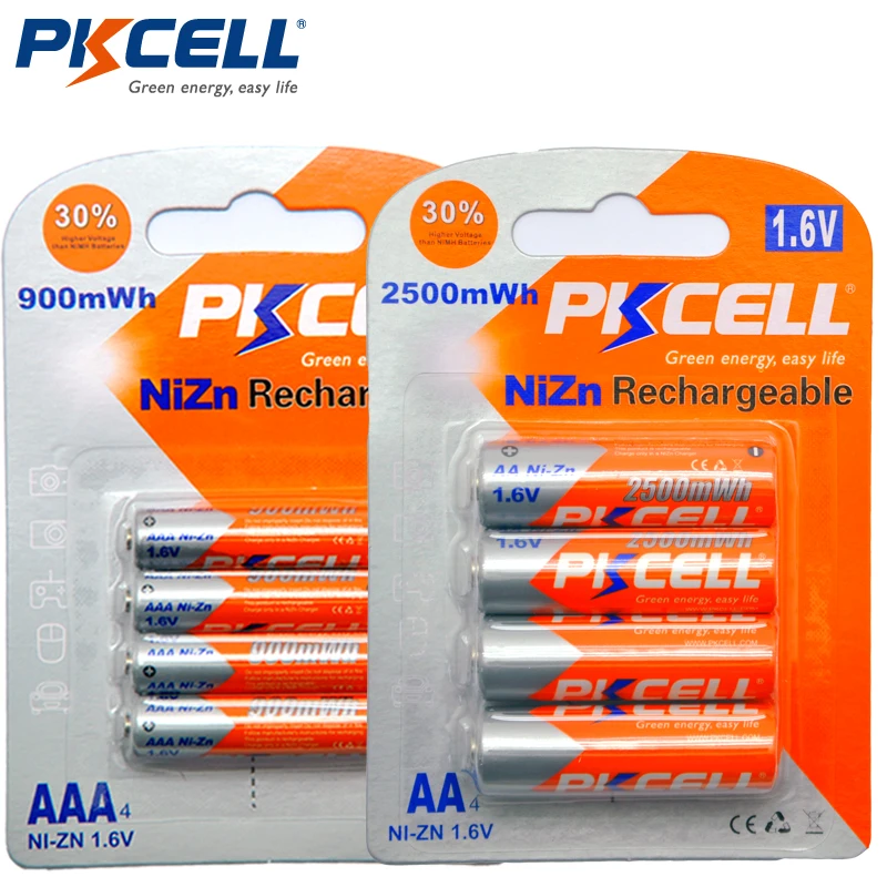 PKCELL 4Pc/card AA Battery 1.6V 2500mWh AA Rechargeable Batteries+4Pcs/card 900mwh AAA Batteries NI-ZN AAA Rechargeable Battery