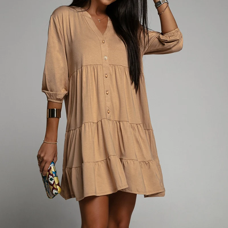

Autumn New Ladies Simple Loose Casual Dress Fashion Solid Color Pleated V-Neck Button Mini Dress Women Long Sleeve Ruffle Dress