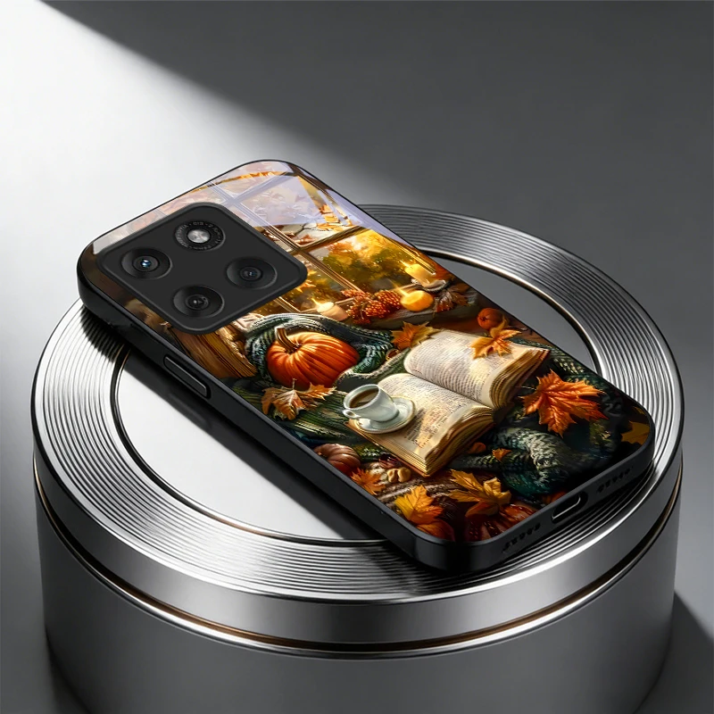Фото Чехол для телефона из черного стекла с осенним декором для Motorola Moto Edge 60 70 20 Lite 30 Pro 40 50 Ultra G45 G54 G55 75 84 №1