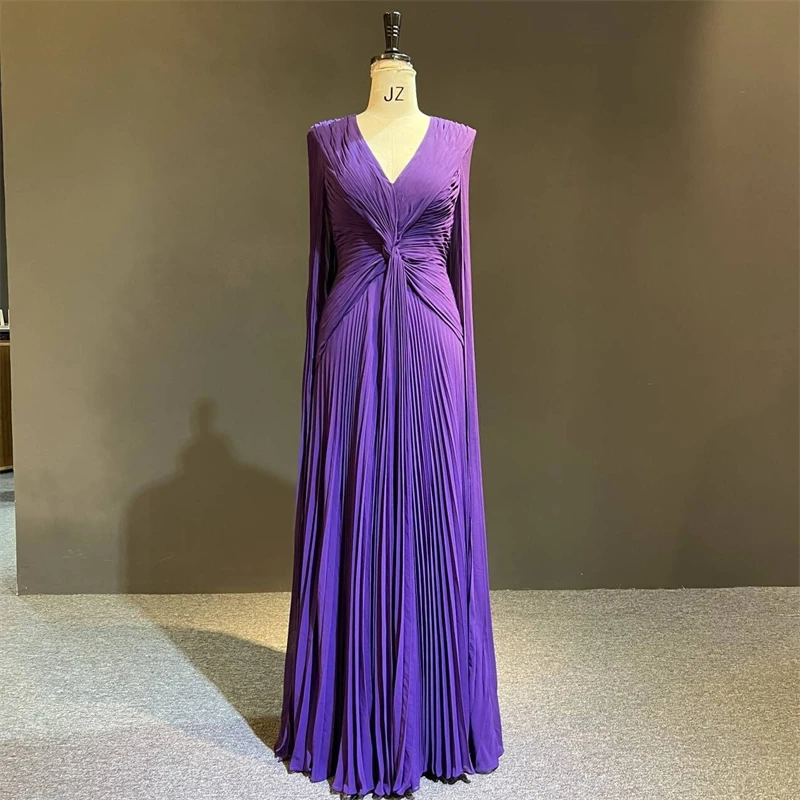 

100%Real Photos فستان سهرة Purple Color Chiffon Pleat V-neck Long Cape Bridal Formal Prom Party Evening Dress vestido de noche