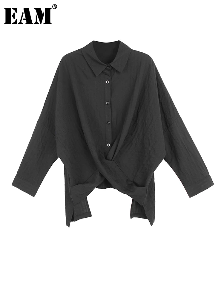 

[EAM] Women Black Irregular Big Size Blouse New Lapel Long Sleeve Loose Fit Shirt Fashion Tide Spring Autumn 2022 1DF1688