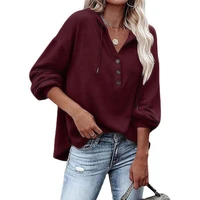 autumn winter new fahsion casual drawstring button tops pullover hoodies women vintage sweatshirts 2022 v neck knit solid tops