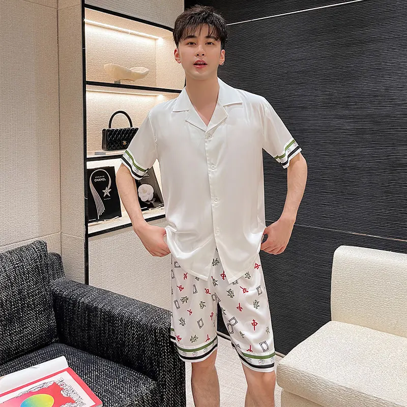 2022 Summer New Men's Short Sleeve Shorts Artificial Silk Home Wear Fashion Men's Pajamas Two-Piece Set