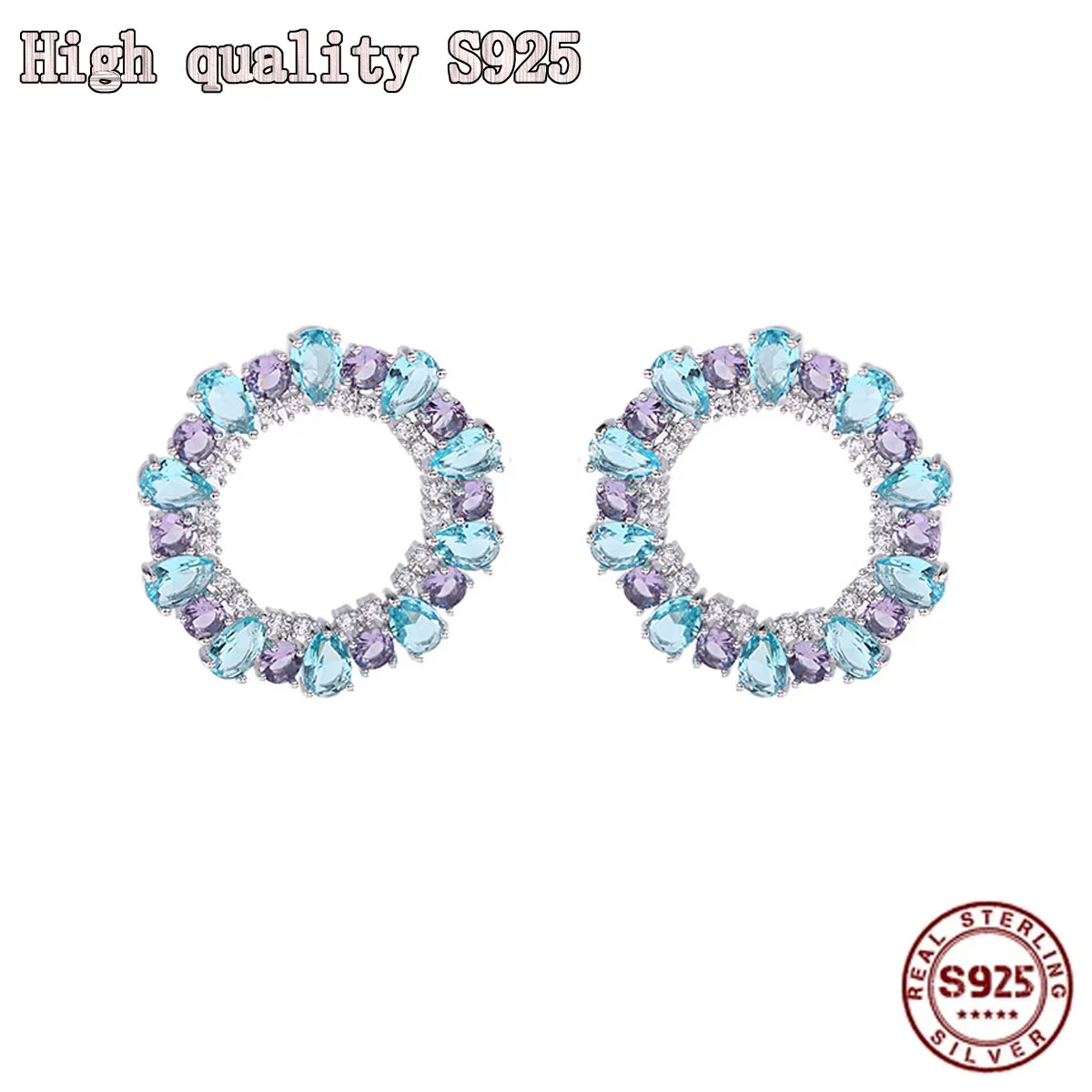 

S925 Silver Needle Fashion Exquisite Jewelry Transparent Blue Crystal Hollow Round Retro Women's Earring New Year Christmas Gift