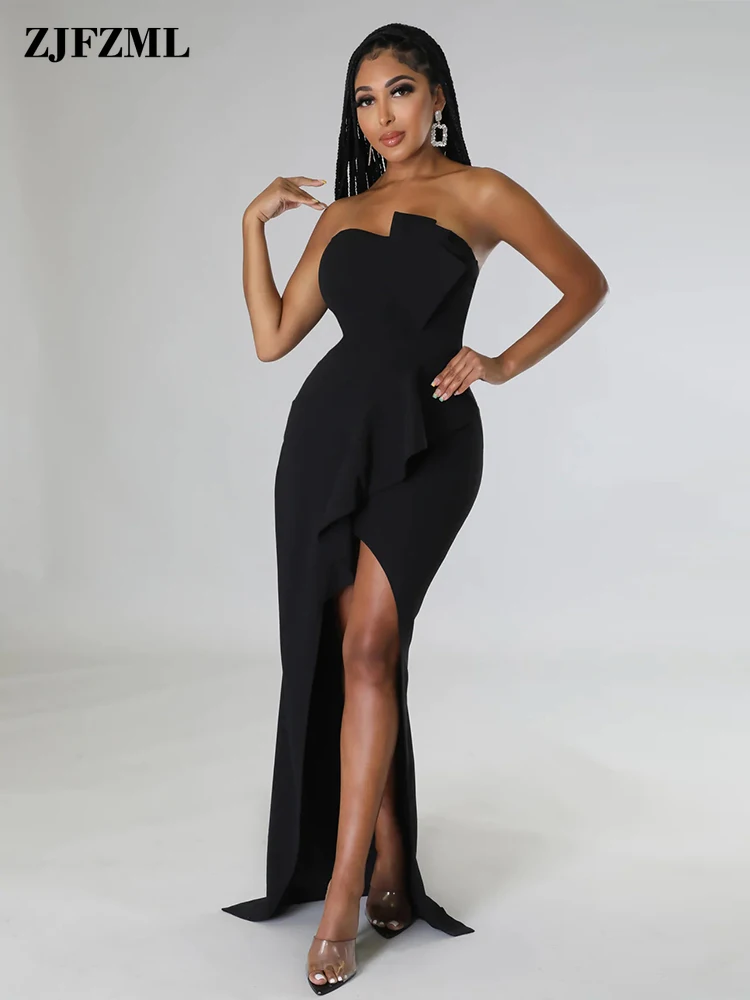 

Midnight Cascading Ruffles Long Party Dress for Women Strapless Off The Shoulder Split Dresses Elegant Backless Evening Vestidos