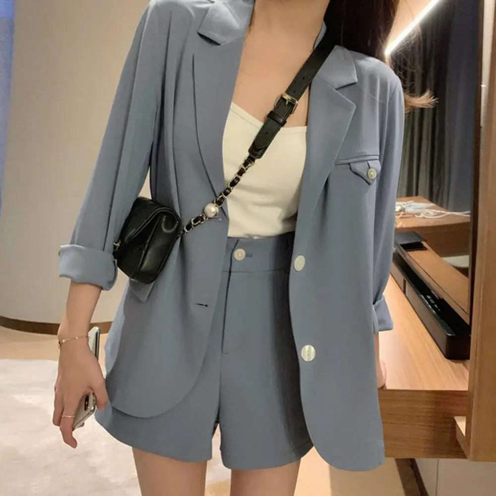 

Women Blazer Coat Shorts Set Solid Long-Sleeves Lapel Jacket with Short Pants Outwear Clothing Lady Suit Outfit Women Clothing