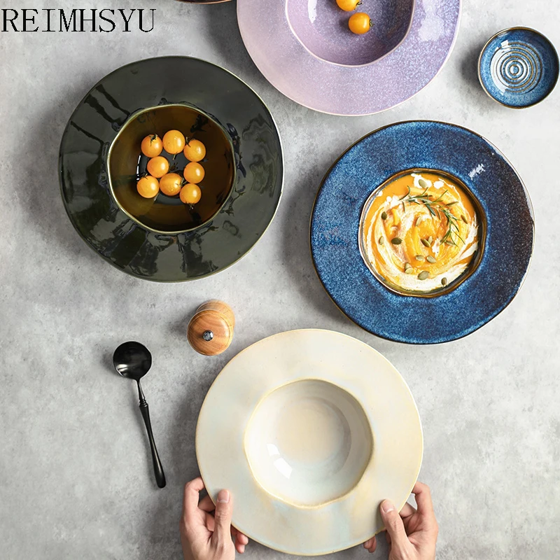 

Ceramic Kiln Glazed Pasta Straw Hat Irregular Deep WesternSalad Soup Noodle Dinner Plate Restaurant Kitchen Supplies Tableware