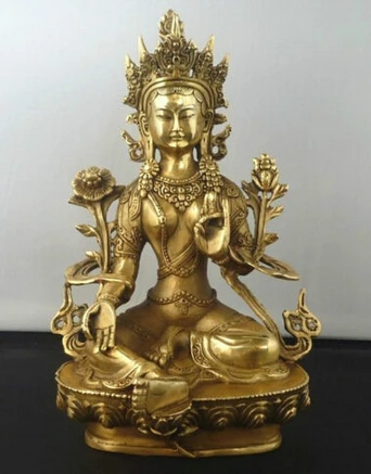 Copper Brass CHINESE crafts Asian Exquisite Tibetan Buddhism Green Tara God Godness Kwan-yin Buddha Statue Sculpture