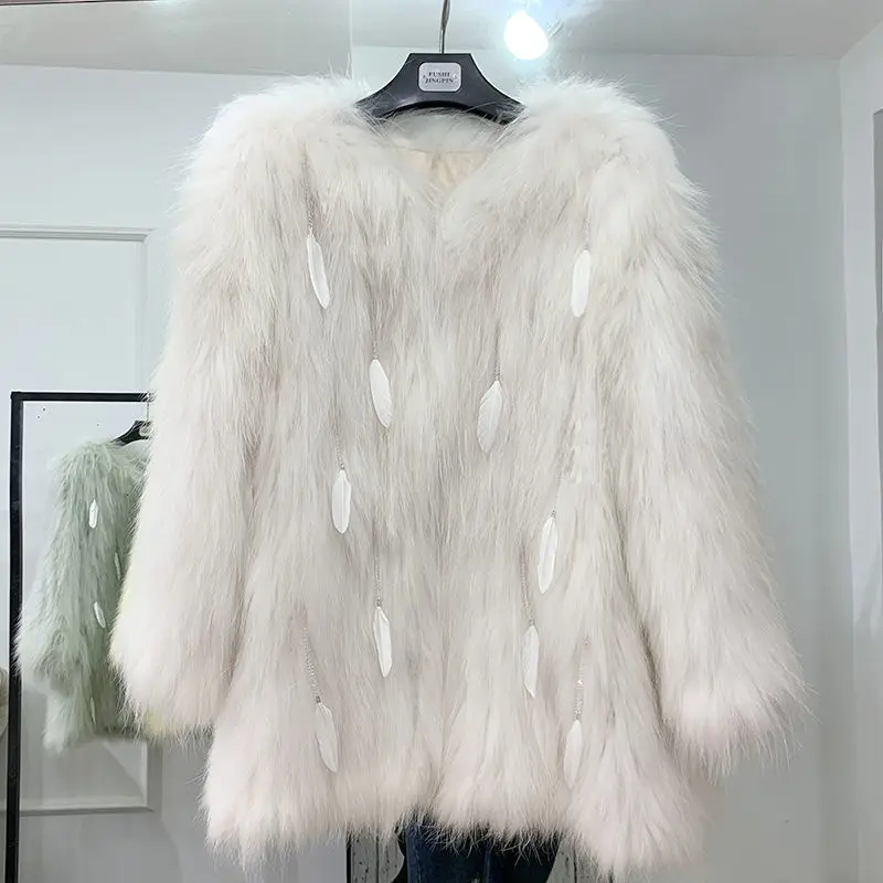 Fox Fur Raccoon Fur Feather Imitation Fur Fashion Coat Female Middle Long Thin Pearl Pendant Fringe Casual Coat Female