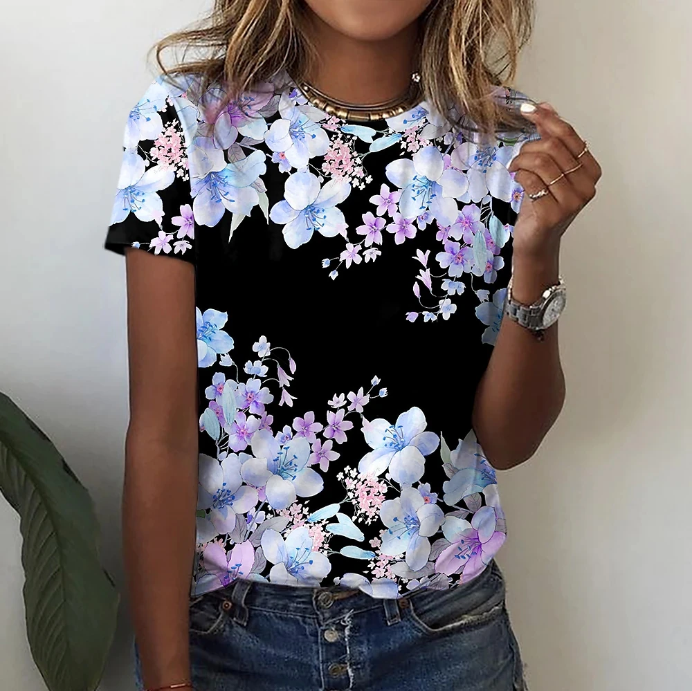 

Women's Floral Theme Printed Painting T Shirts Round Neck Top Loosen Pullover Basic Streetwear New Design Summer 2022