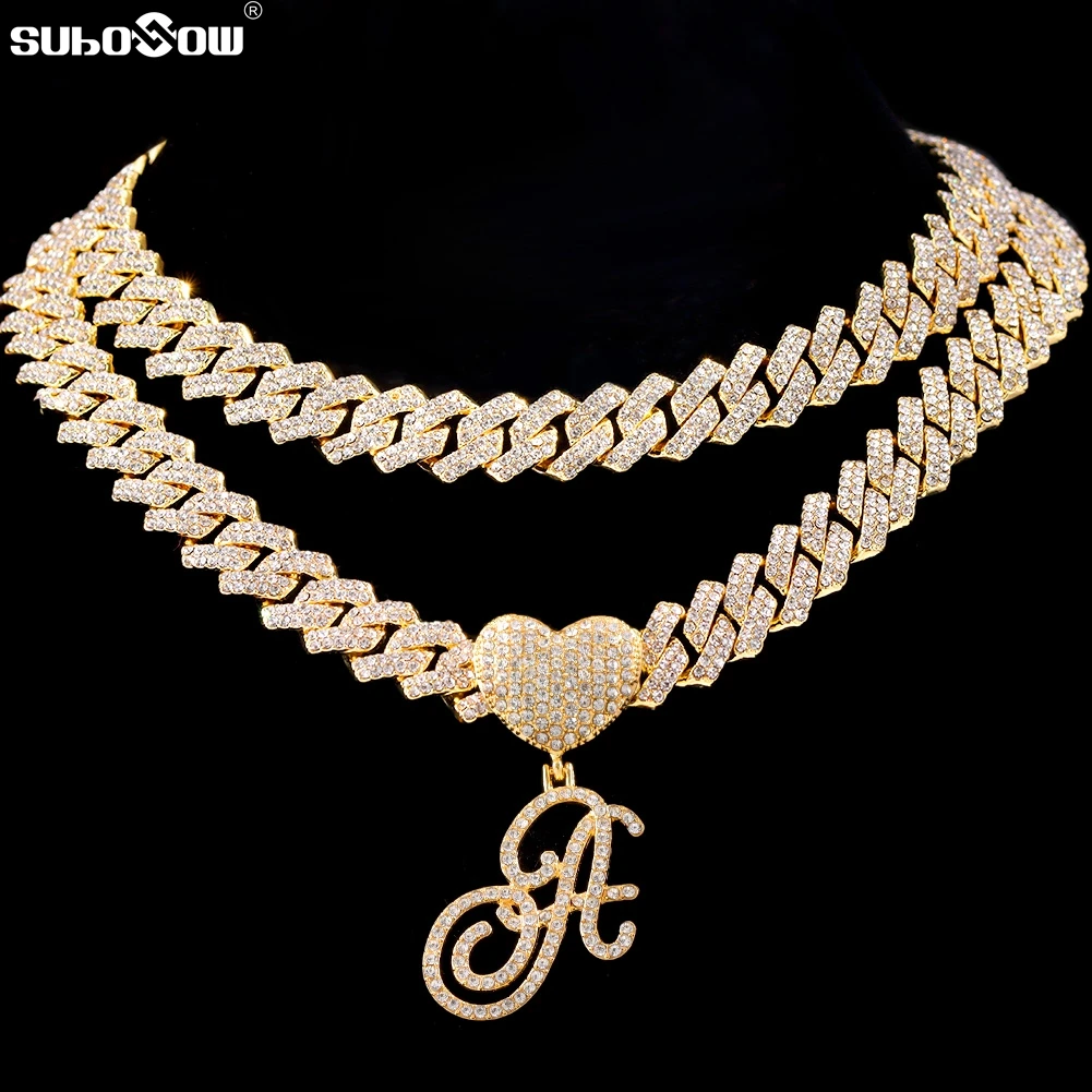 

Hip Hop A-Z Cursive Alphabet Heart Pendant Necklace For Women Bling Crystal Initials Cuban Link Chain Necklaces Choker Jewelry