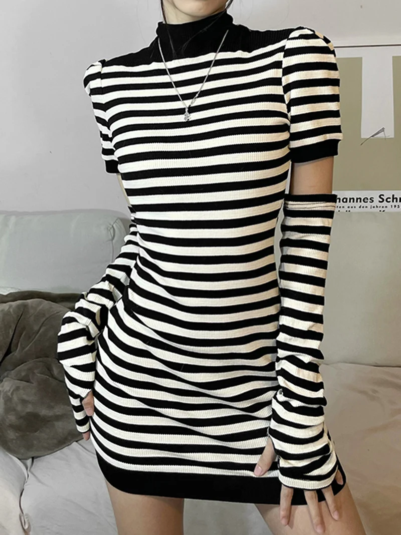 

Женское трикотажное платье в полоску, облегающее трикотажное платье с высоким воротником, в Корейском стиле, в стиле Харадзюку, весна 2022