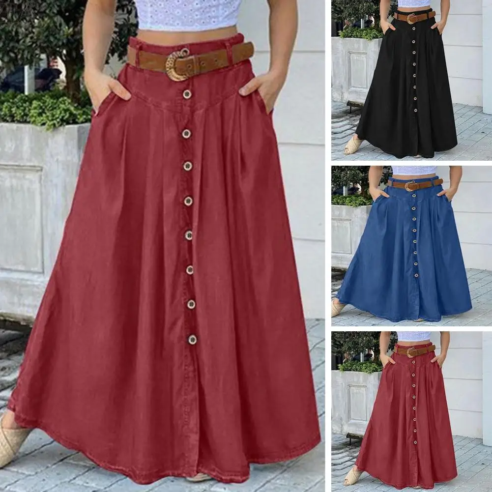 Elegant Women Skirt Solid Color High Waist All Match Button Decor A-line Summer Big Hem Maxi Skirt Casual Female Clothing
