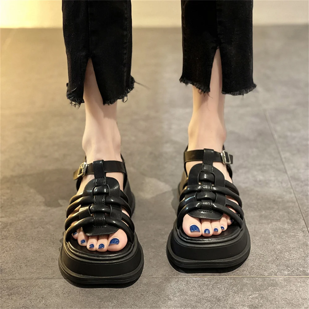 2022 Trend Women Candy Color Sandals Summer Platform Chunky Heels Open Toe Solid Weave Buckle Strap Ladies Punk Shoes Sandalias