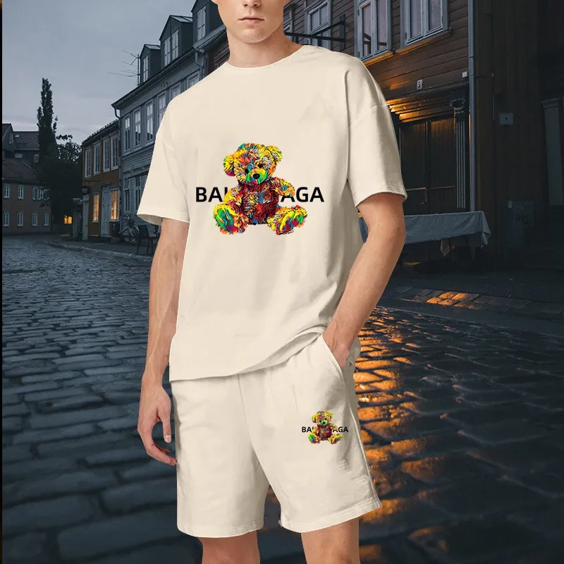 Summer  Luxury Brand Man Sets Tracksuit 2 Piece Sets Pure Cotton T-shirt Painted Graffiti Bear Mens Clothing Fashion Sportswear