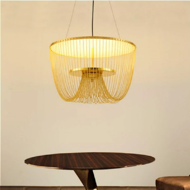 

Postmodern Designer Minimalist LED Chandeliers Nordic Tassel Restaurant Luxury Hotel Project Chain Living Room Art Hanging Lamps