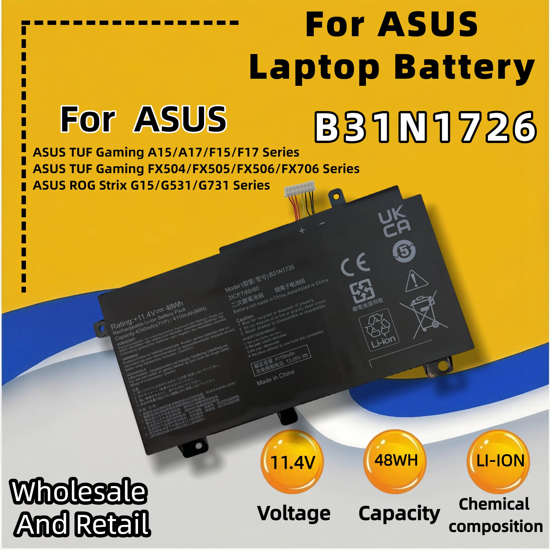 Фото Сменная батарея для ноутбука FRLESUI B31N1726 48WH для ASUS TUF Gaming FX505GE FX505DT FX504 FX86 FX80GM B31BN91, запчасти для ноутбуков. №2