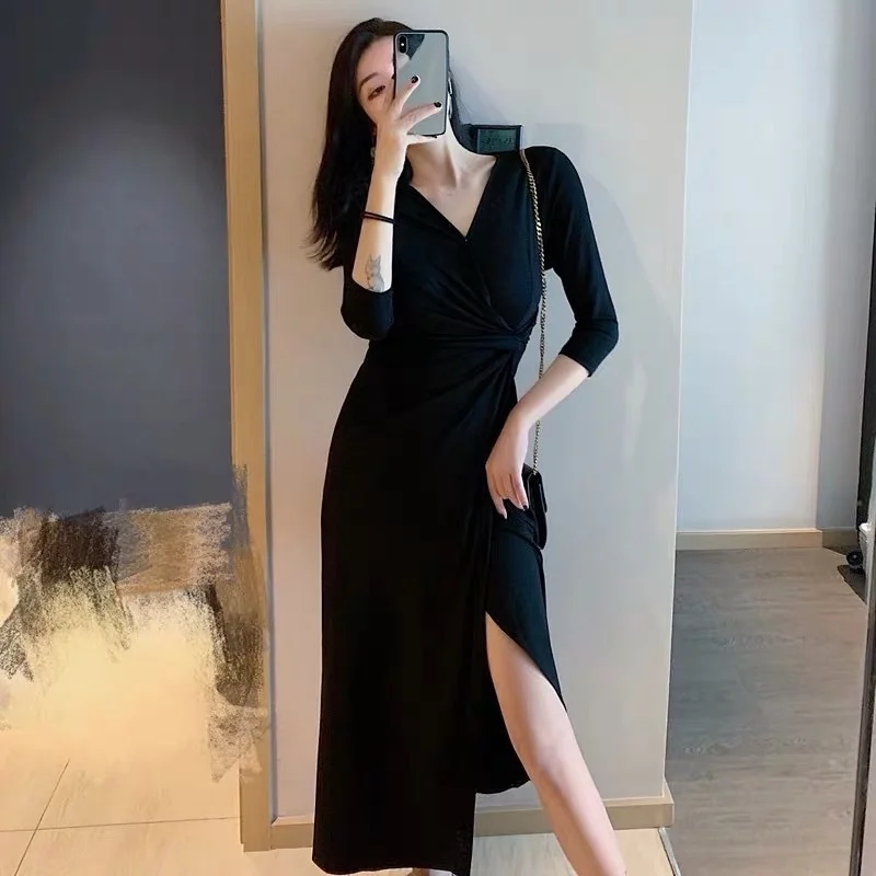 

Dresses For Women Black Blue Loose V-neck Long Dress Skin-friendly Beach Split Slim Dress For Summer Autumn Female Clothing