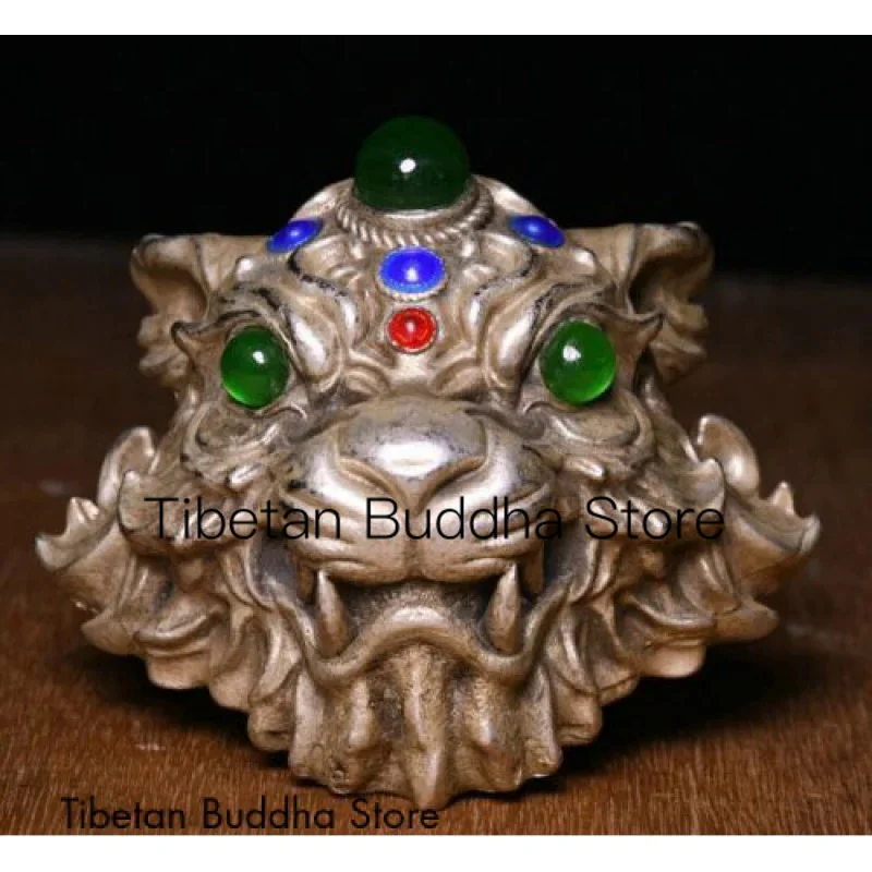 7 см античный старый Тибет Miao Серебряная Инкрустация зеленый нефрит фэн-шуй