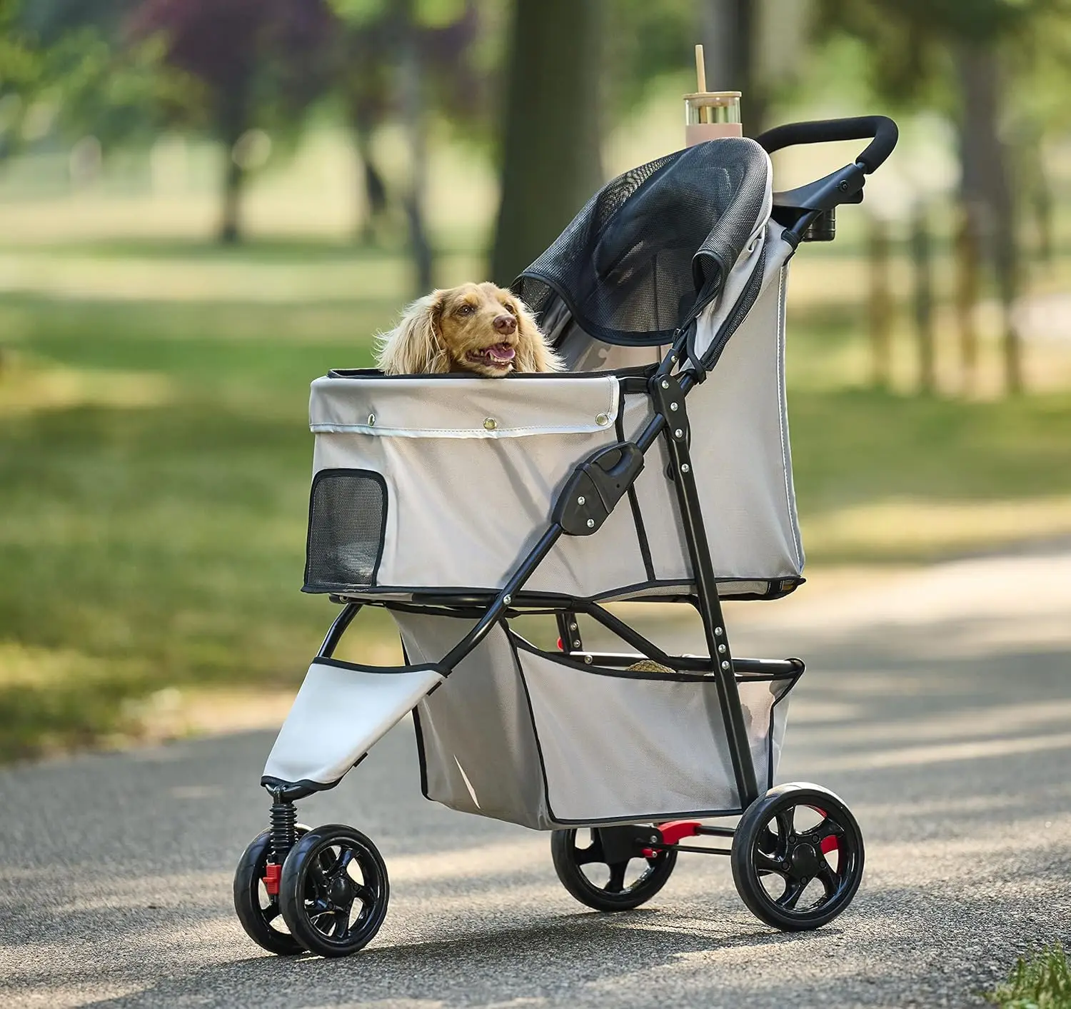 

Коляска для домашних животных, в комплект входит поворотное переднее колесо на 360 градусов, перерывы на задние колеса, Светоотражающая Отделка, сетчатые панели