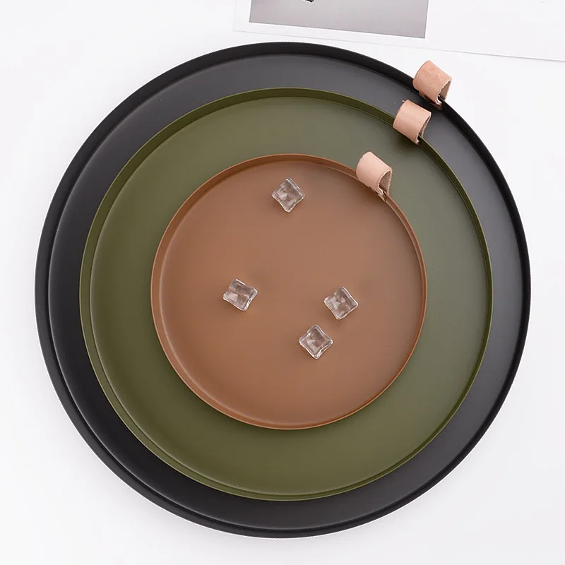 

Nordic Leather Carrying Handle Round Tray Cosmetics Aromatherapy Snack Sundries Storage Tray Living Room Storage Accessories